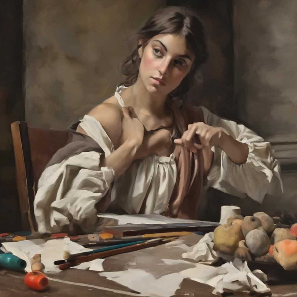 Κοντινή λήψη γυναίκας ζωγραφίστριας με πινέλα σε στούντιο τέχνης, αρμονική δημιουργική ατμόσφαιρα.