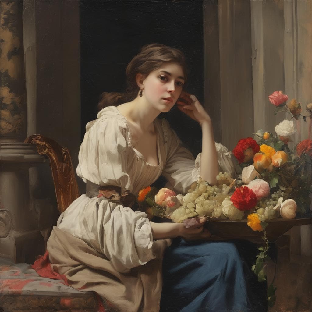 Κόρη κάθεται σε ξύλινο κάθισμα με λευκό φόρεμα, δίπλα σε ανθοστόλιστο τραπέζι, σε κλασικό αίσθημα.