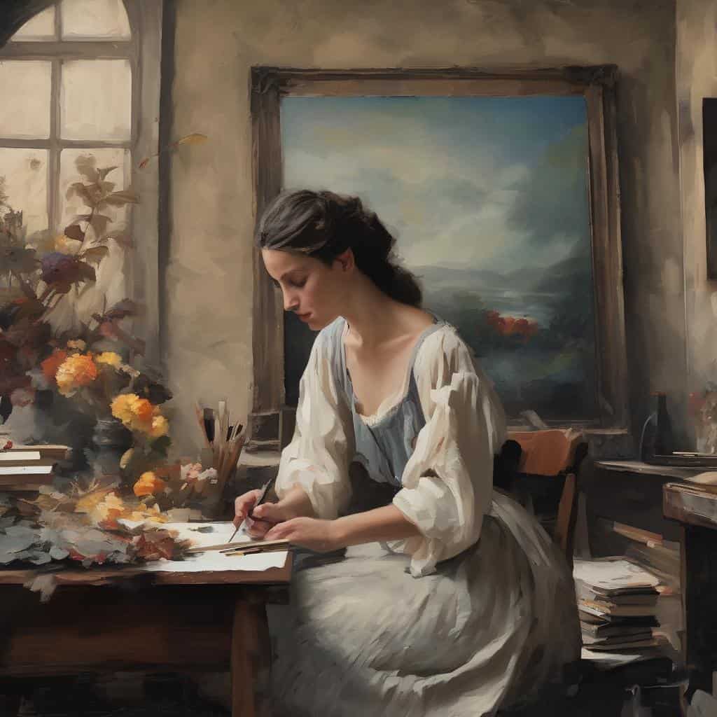 Νεαρή γυναίκα ζωγραφίζει σε στούντιο με λονθασμένα στοιχεία και πίνακα τοπίου στον τοίχο.