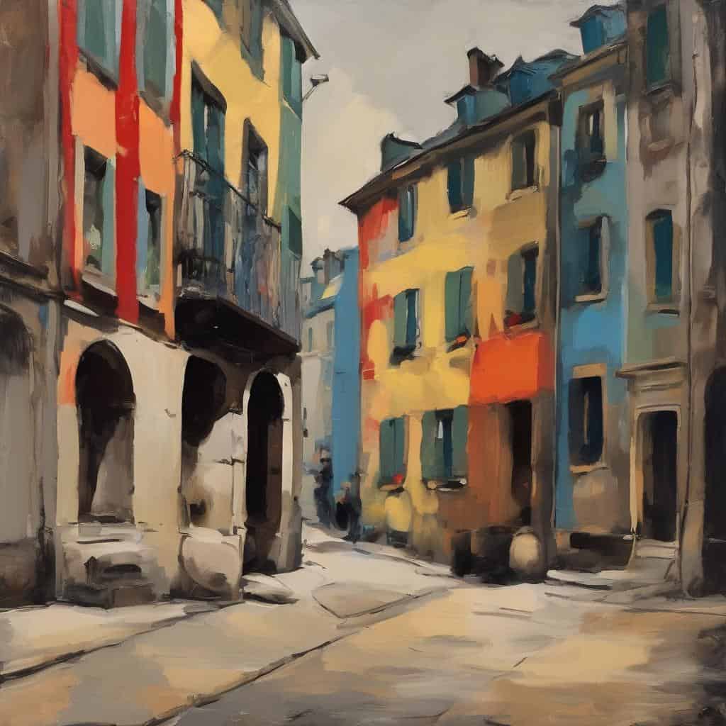 Ζωγραφική εσωτερικού δρόμου με πολύχρωμα κτίρια και παραδοσιακή αρχιτεκτονική.