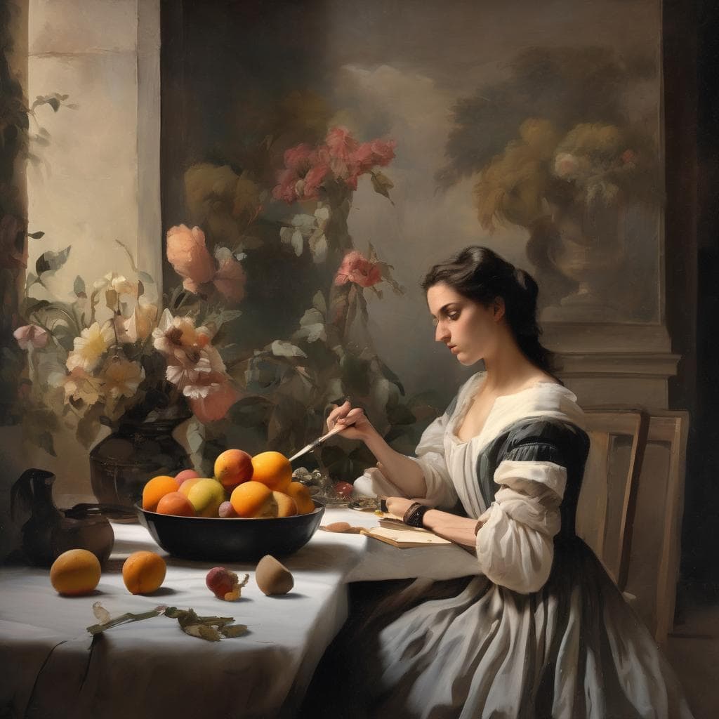 Ονειρεμένο πορτρέτο γυναίκας σε ποτόφου, με λουλούδια και φρούτα σε κλασικό εσωτερικό περιβάλλον.